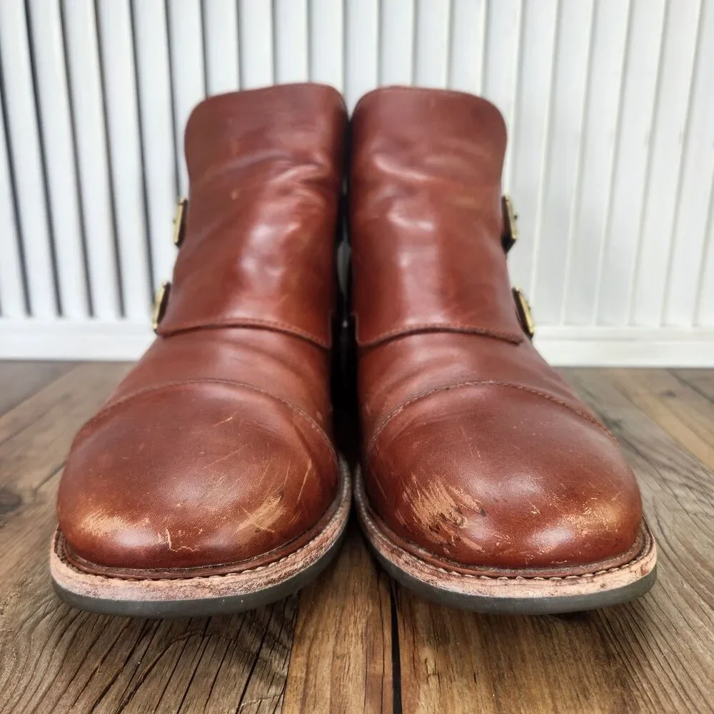 Tsubo Double Monk Strap Cap Toe Leather Ankle Boots Mens Sz 9 Brown Dress Preppy